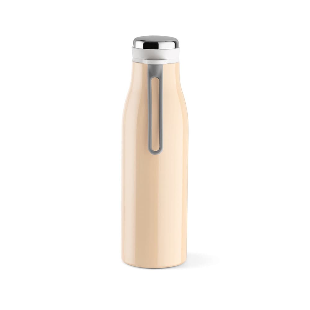 A drink bottle in a peachy colour with a silver handle, double wall, and leakproof design. Features a logo.