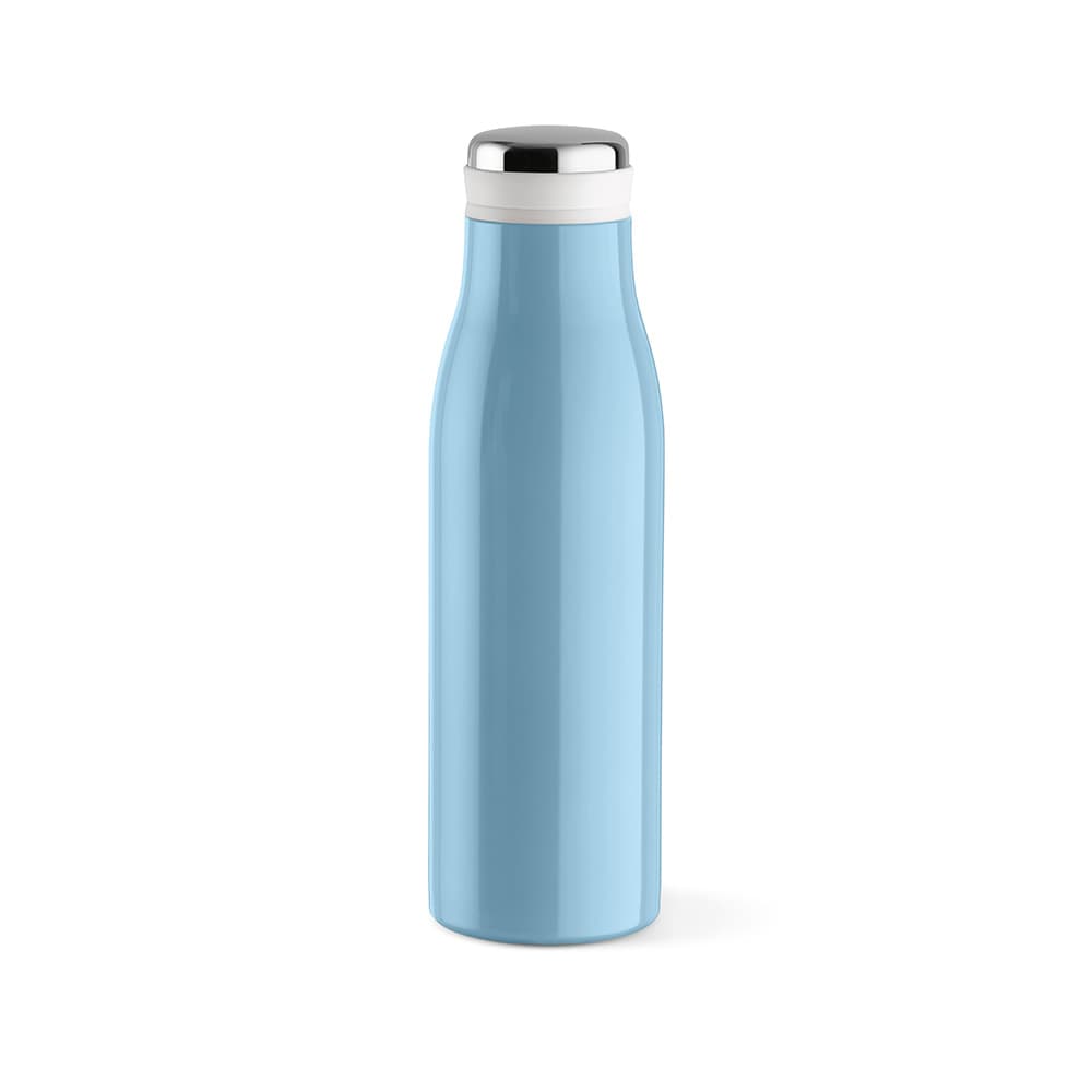 A drink bottle in light blue with a stainless steel lid, featuring a double wall and a handle.