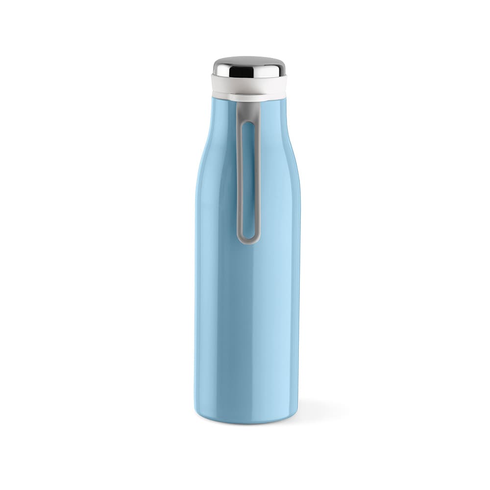 A drink bottle in light blue, featuring a double wall, leakproof design, and a handle. It has a logo on the side.