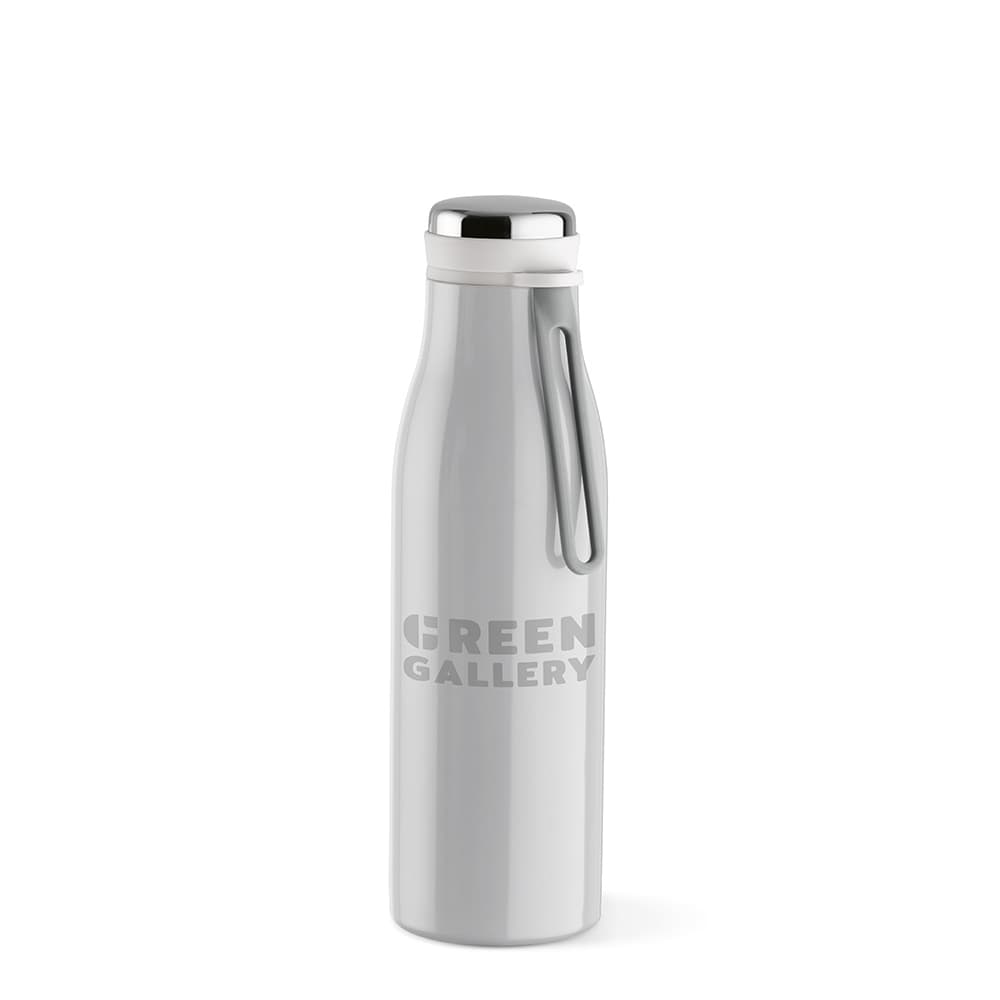 A drink bottle in silver with a handle, featuring a logo. It has double wall insulation and is leakproof.