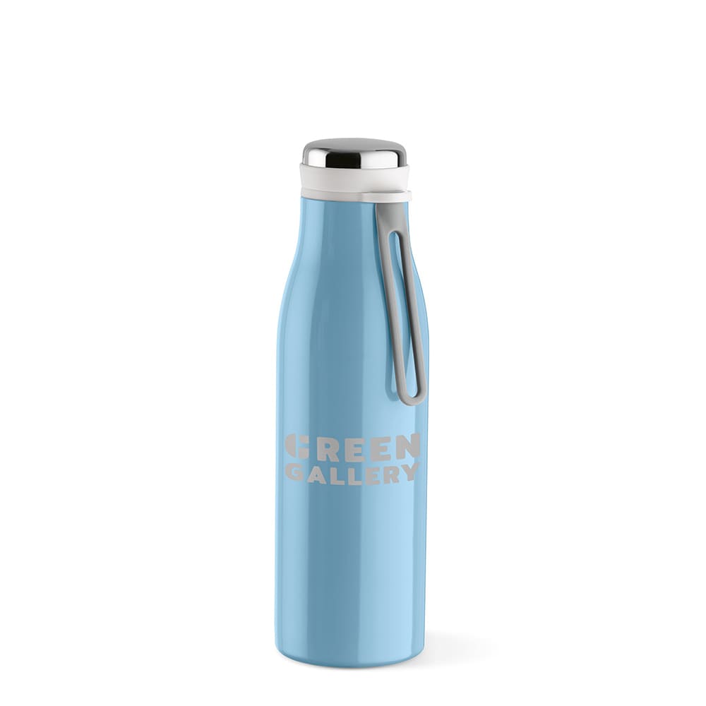 A drink bottle in light blue, featuring a stainless steel cap, double wall, leakproof design, and a handle. It has a logo.