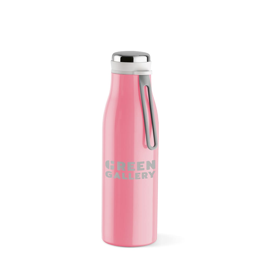 A drink bottle in pink with a double wall design, leakproof feature, and a handle, featuring a logo.