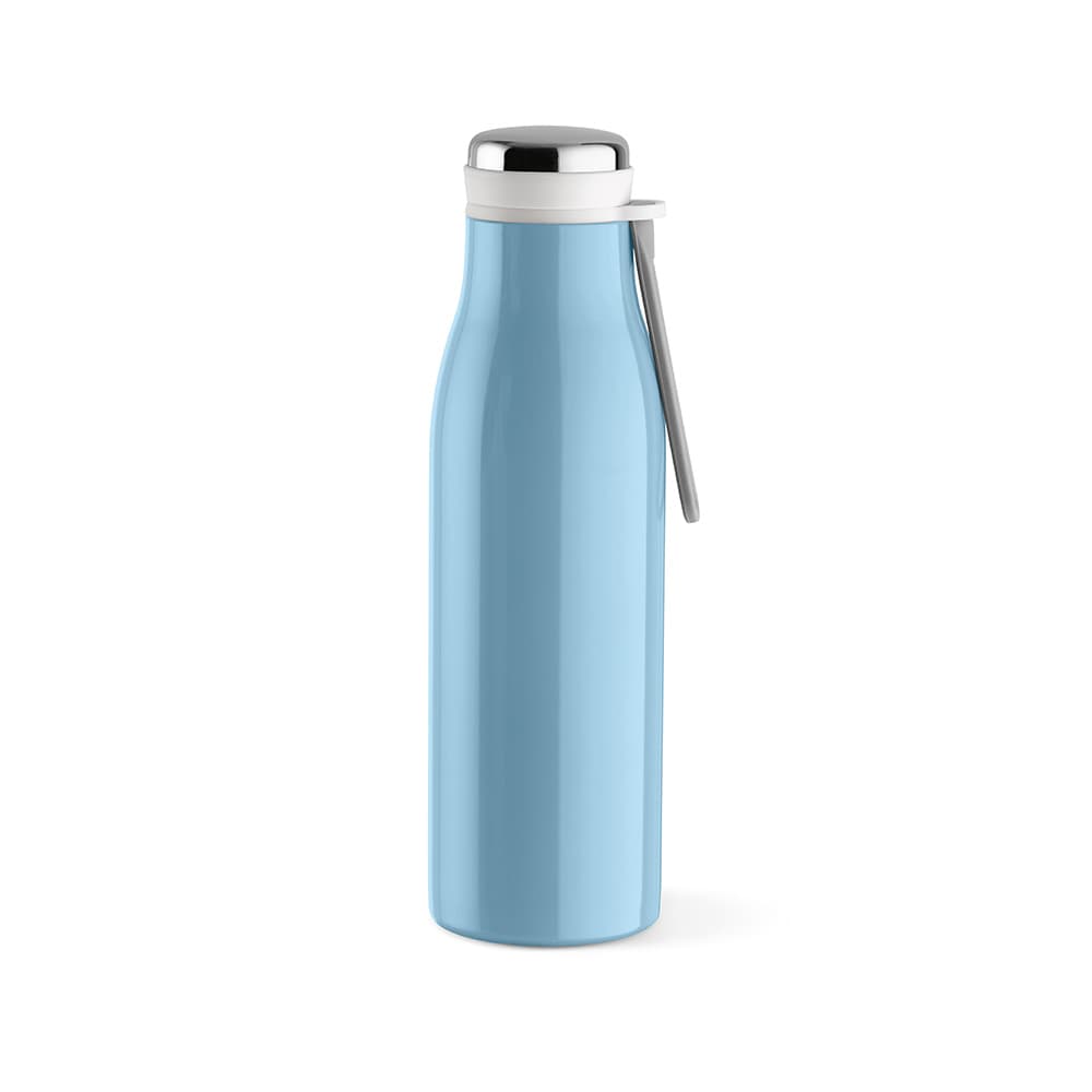 A drink bottle featuring a light blue finish, double wall construction, leakproof design, and a handle.