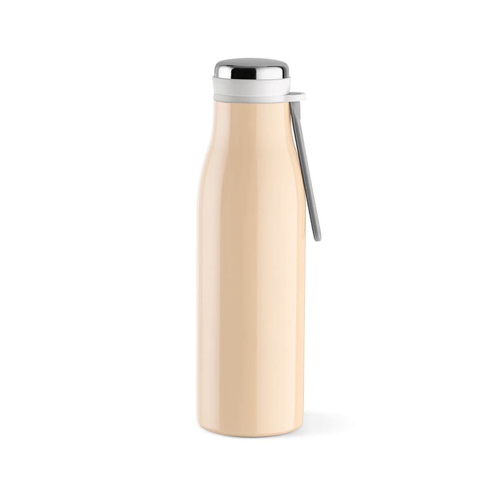 A drink bottle in a soft peach colour with a double wall, leakproof design, and a handle. It features a logo.
