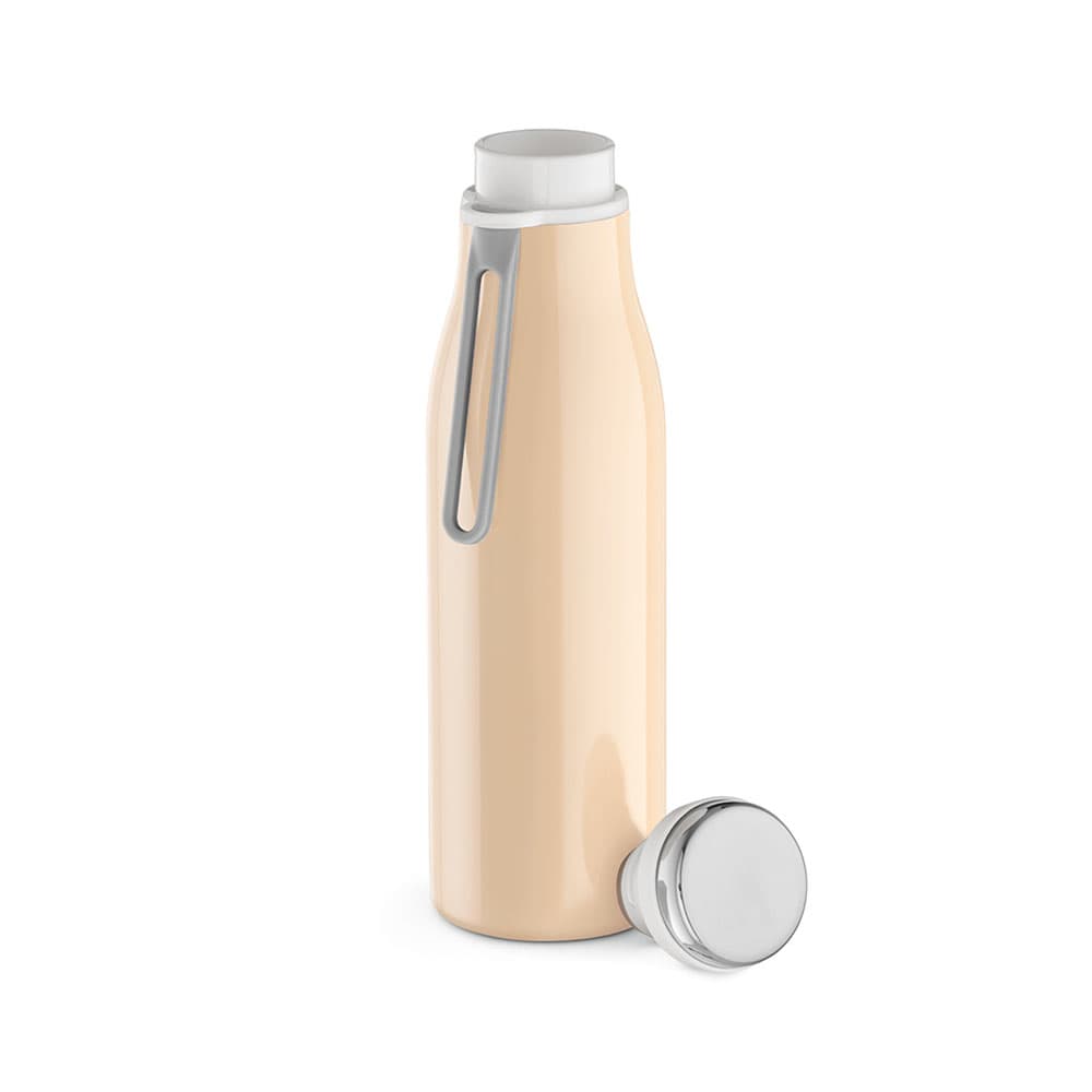 A drink bottle in a peach colour with a silver handle and cap, featuring a double wall and leakproof design.