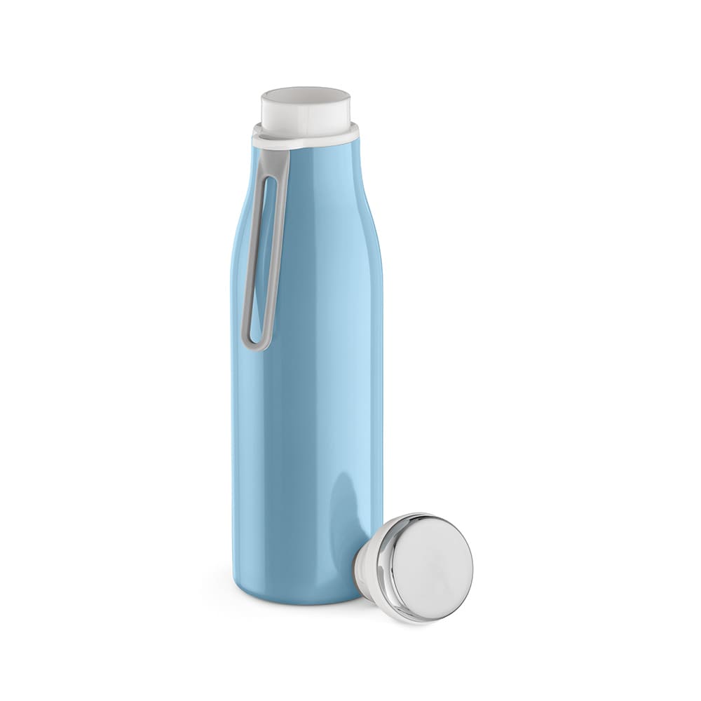 A drink bottle in light blue with a double wall, leakproof design, and a handle, featuring a silver cap.