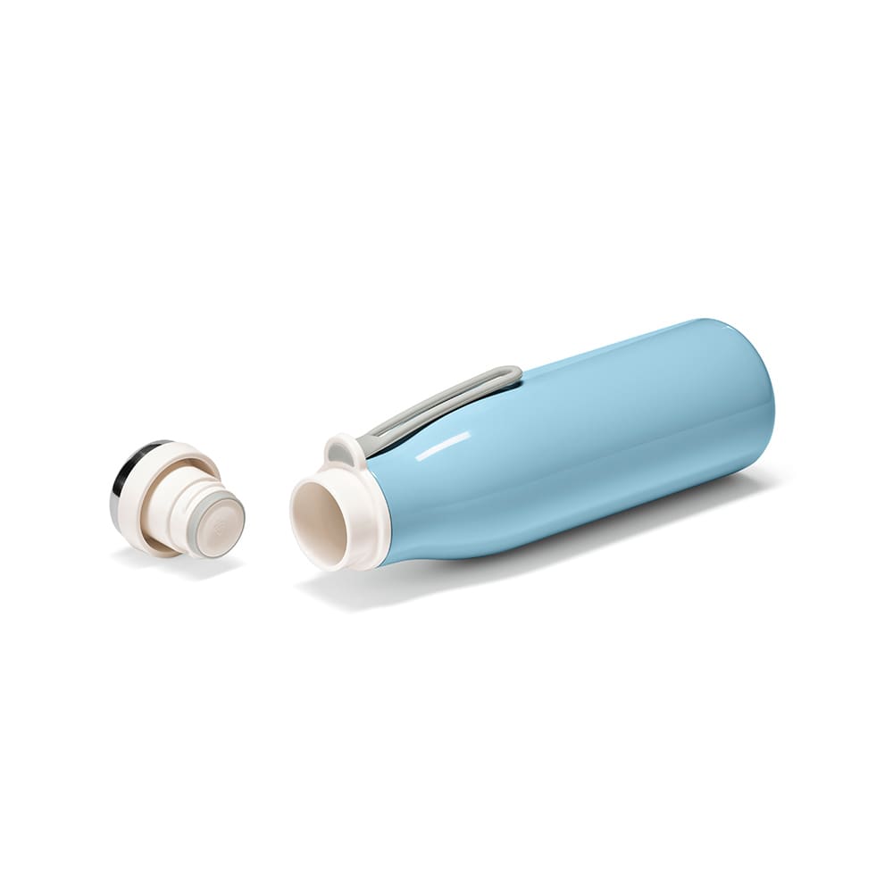 A drink bottle with a light blue exterior, double wall, leakproof design, and a handle. It has a removable cap.
