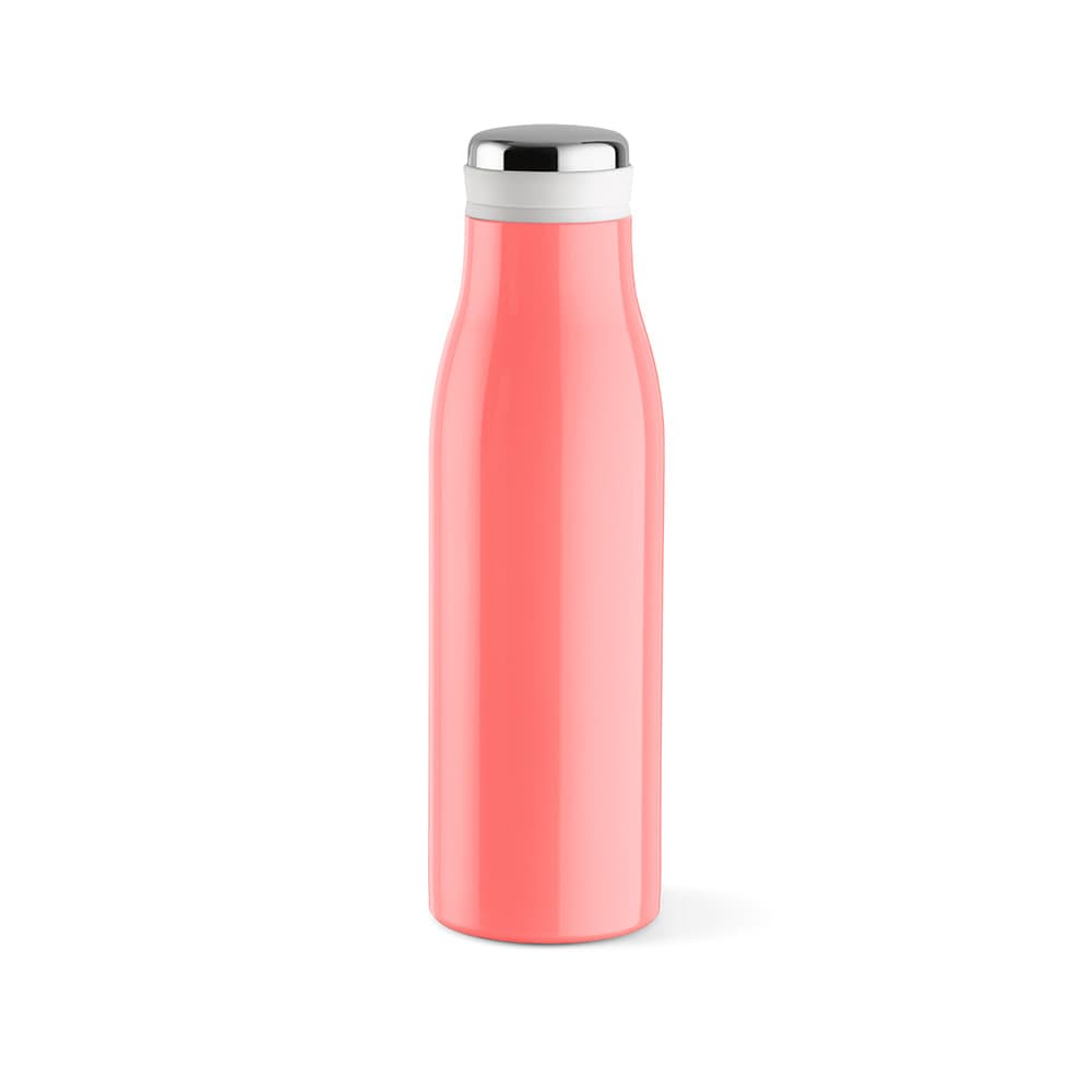 A drink bottle in a vibrant coral pink, featuring double wall insulation, a leakproof design, and a handle.