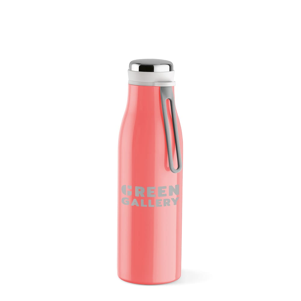 A drink bottle in a coral finish, with a silver handle and a silver lid, featuring a logo. Double wall and leakproof design.