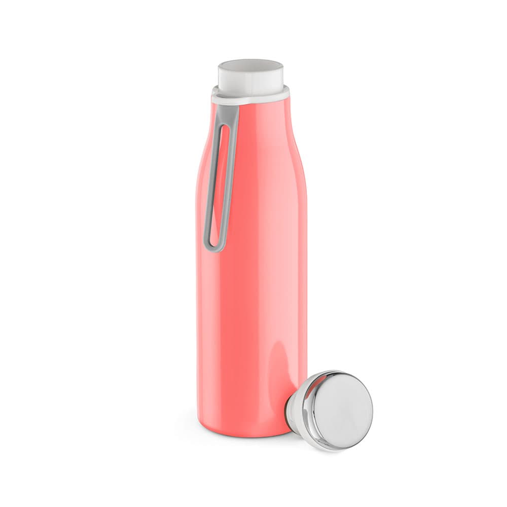 A drink bottle in a vibrant coral colour, featuring double wall insulation, a leakproof design, and a handle.