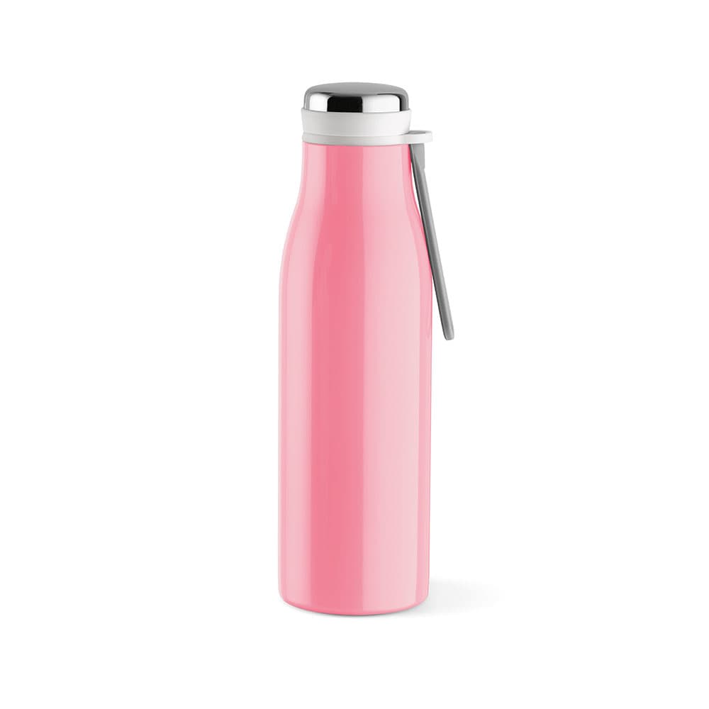 A drink bottle in vibrant pink, featuring a double wall, leakproof design, and a handle. Includes a logo.
