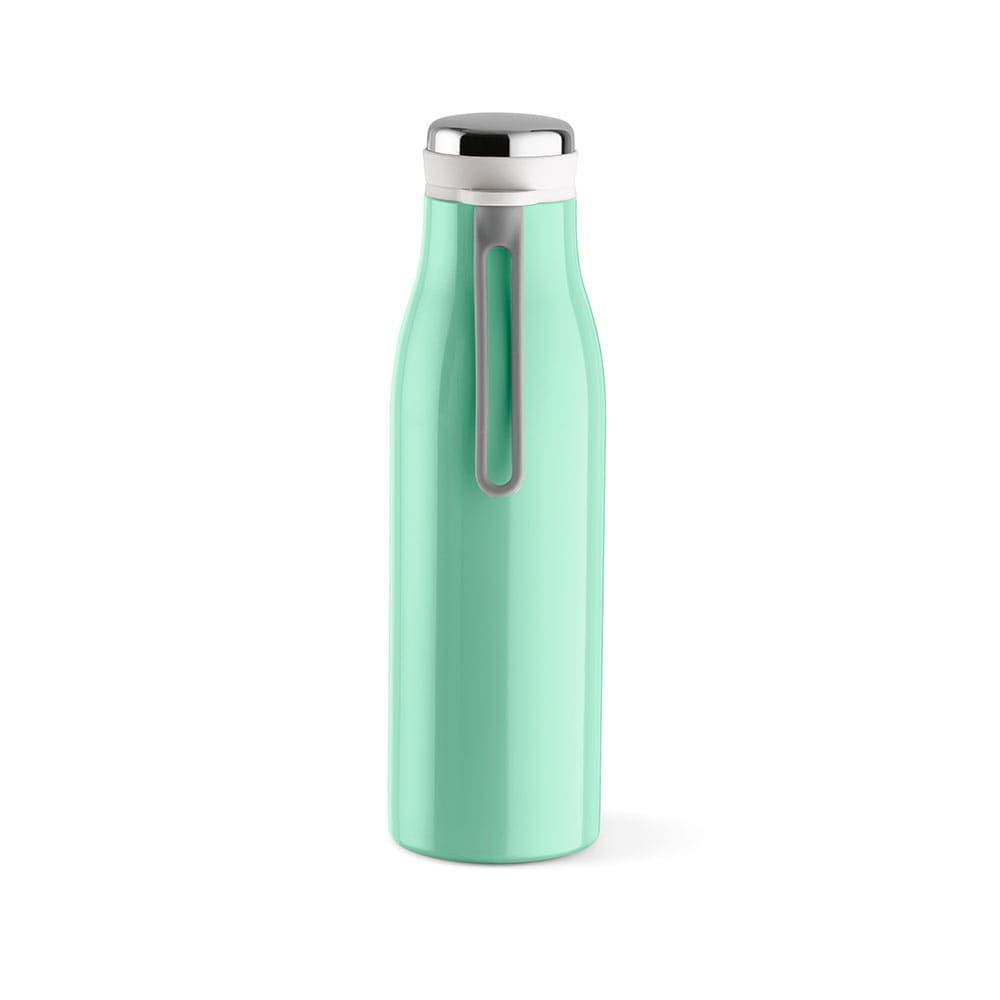 A drink bottle in mint green, featuring a double wall, leakproof design, and a handle. It has a logo.