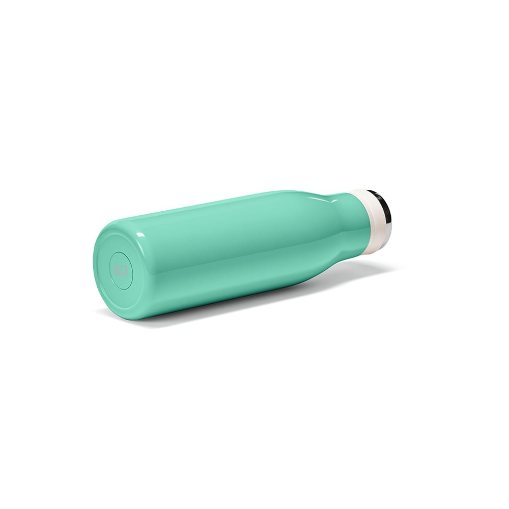 A drink bottle in teal with a white lid, featuring a double wall, leakproof design, and a handle.