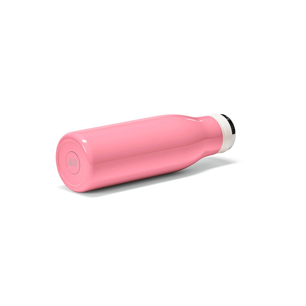 A drink bottle in glossy pink with a white cap, featuring a handle and a logo. Double wall and leakproof design.