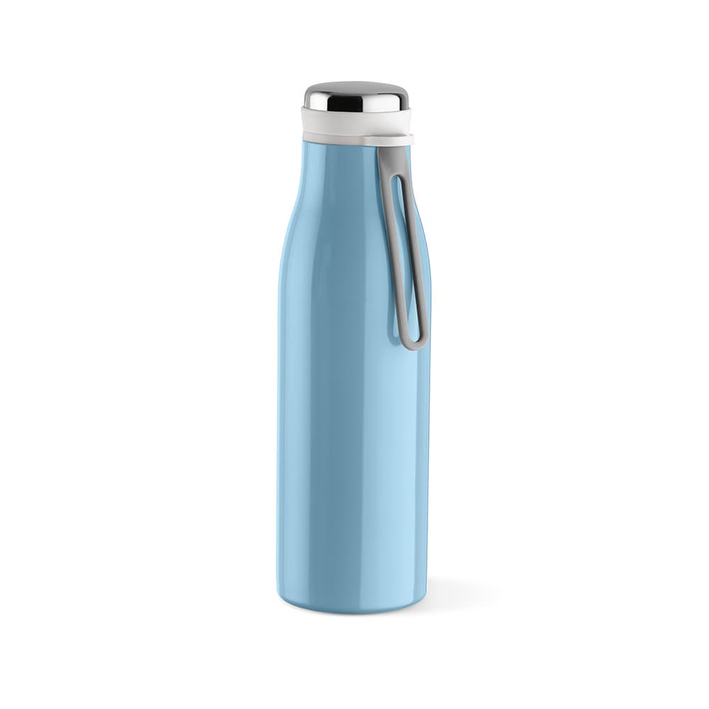 A drink bottle in light blue with a double wall, leakproof design, and a handle. It features a logo.