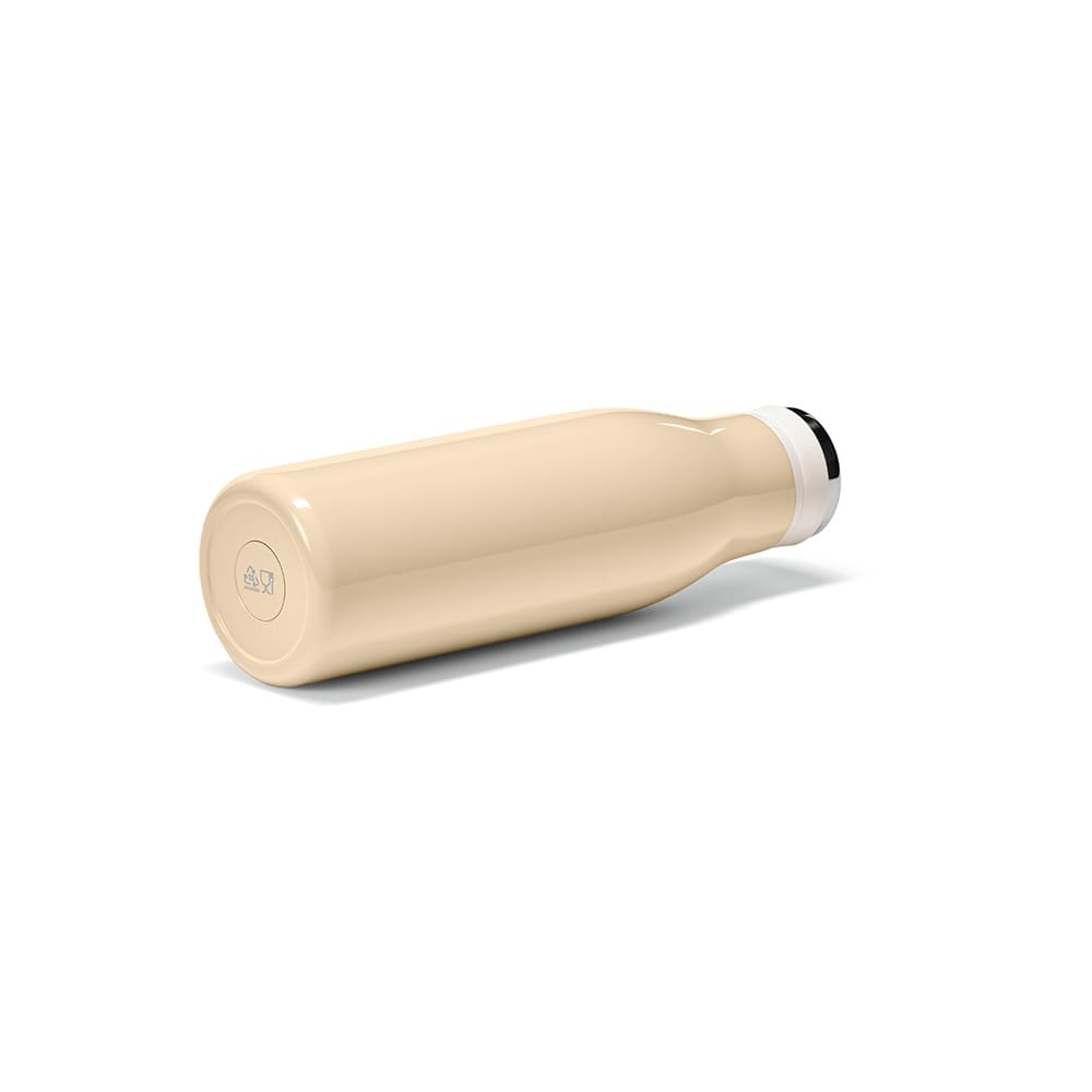 A drink bottle in a beige colour, featuring a double wall, leakproof design, and a handle. It has a logo.