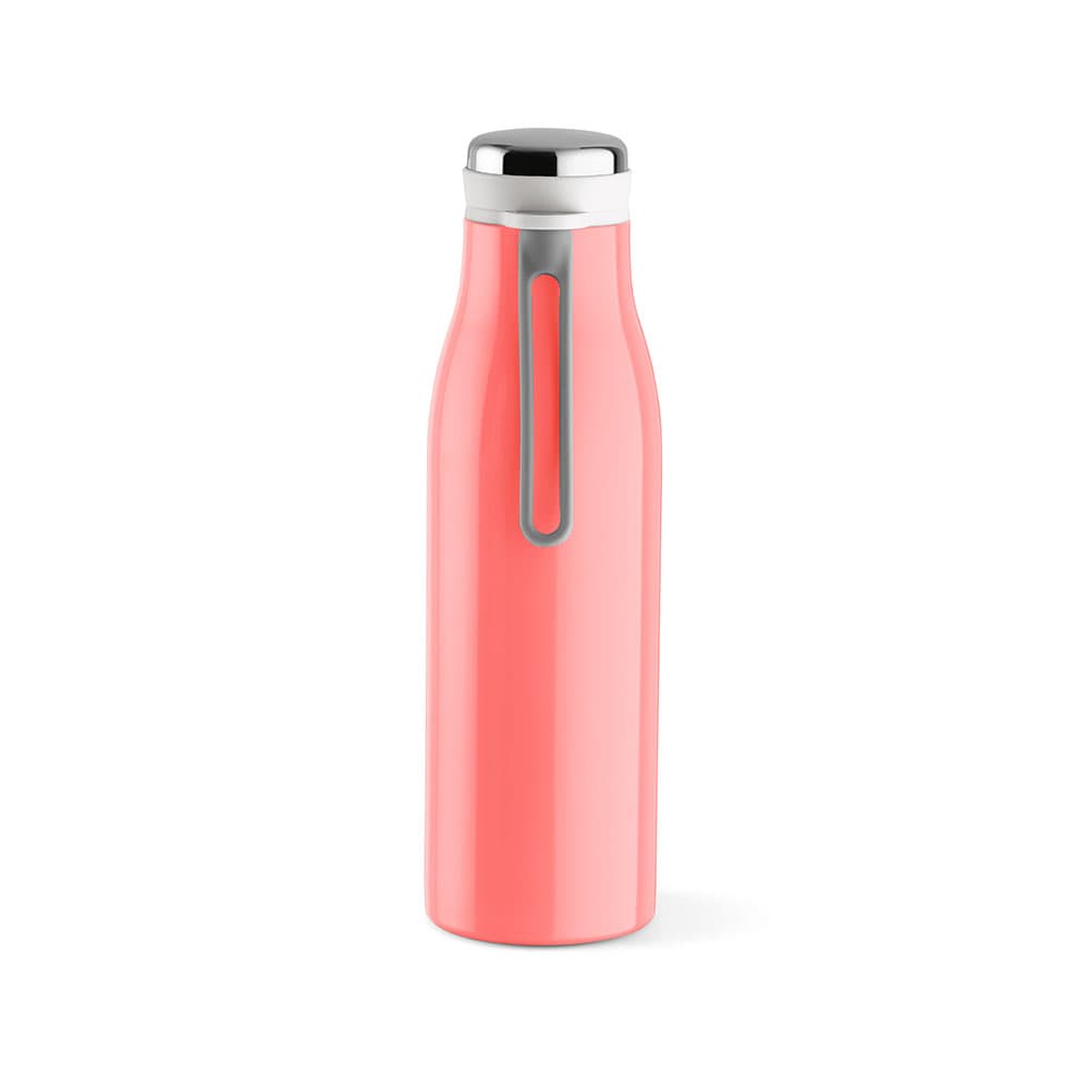 A drink bottle in a vibrant coral colour, featuring a double wall, leakproof design, and a handle.