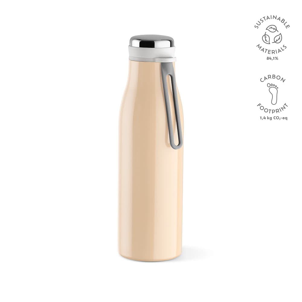 A drink bottle in a soft beige colour, featuring a double wall, leakproof design, and a handle. It has a logo.