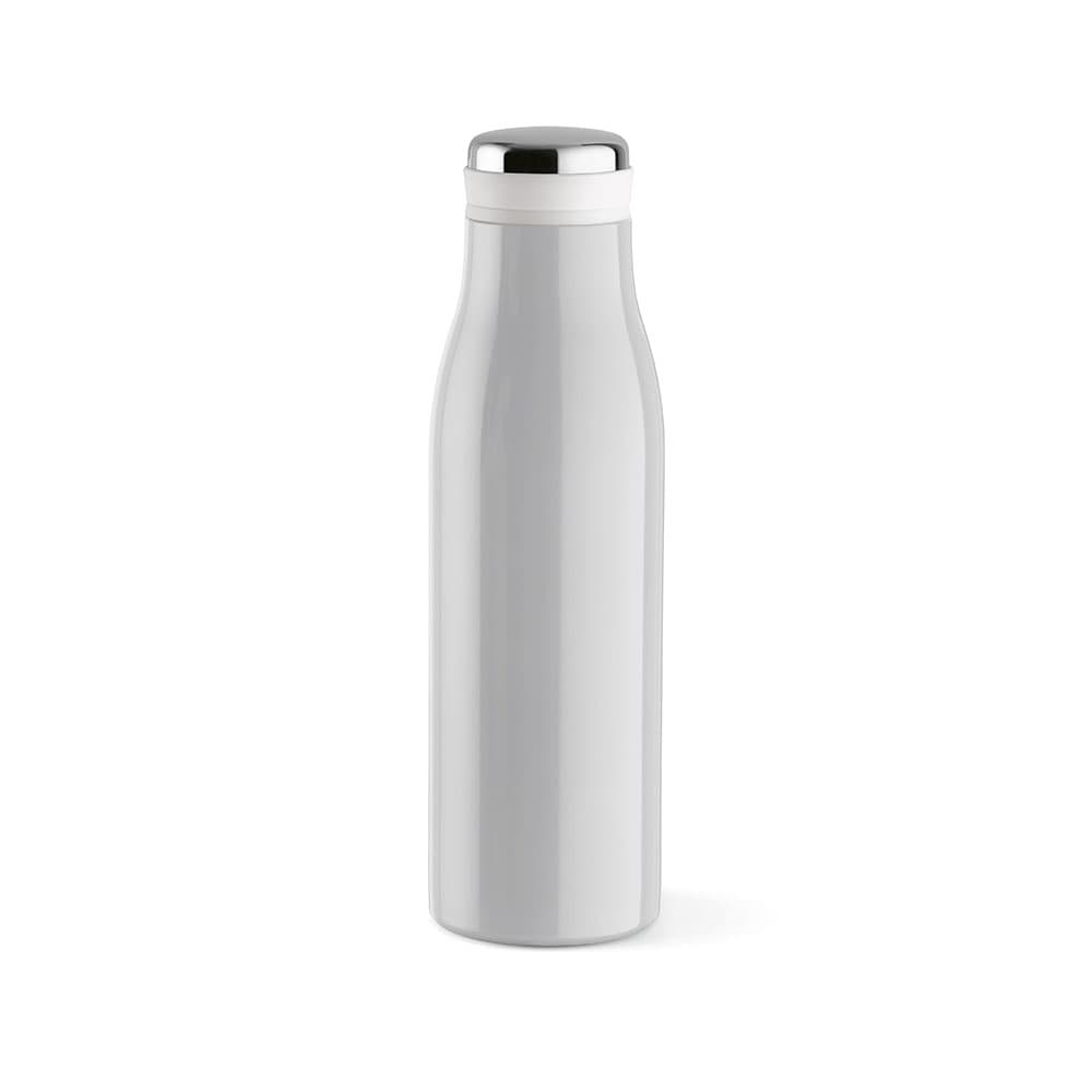 A drink bottle in sleek silver with a double wall design, leakproof cap, and convenient handle.