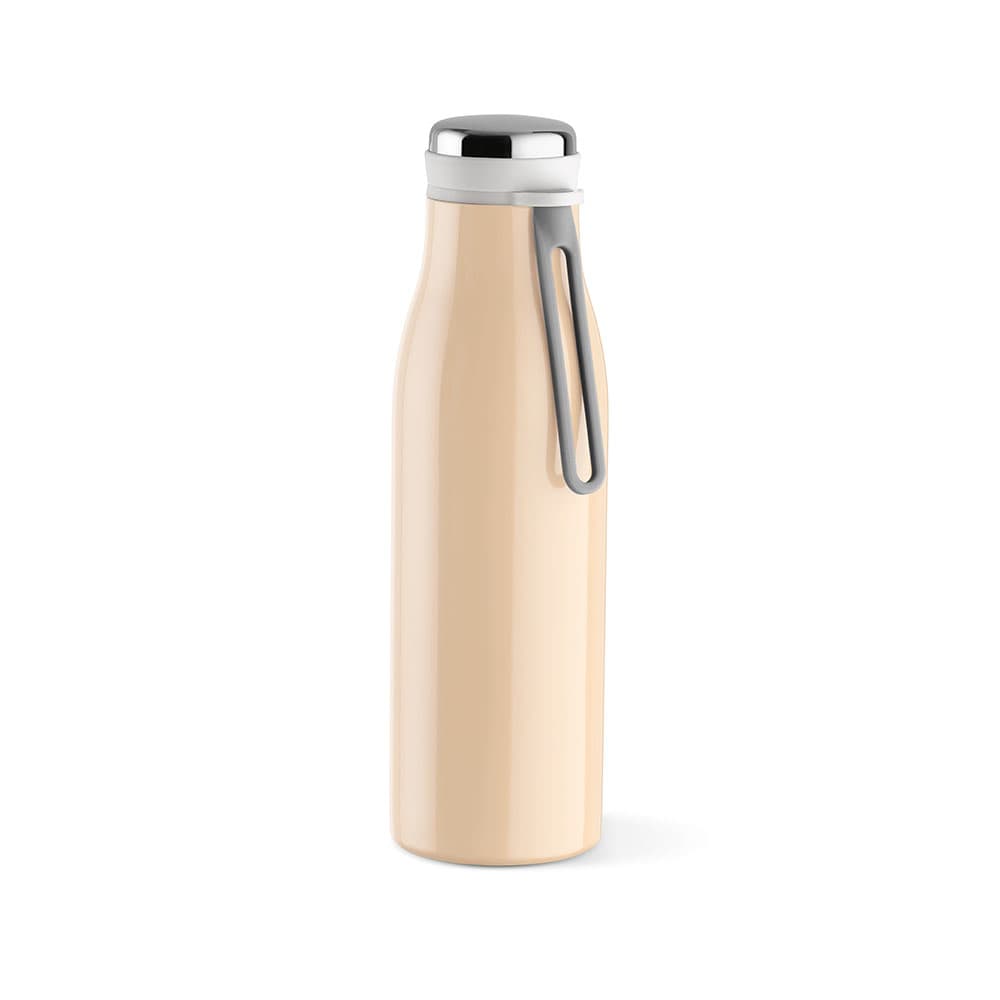 A drink bottle in a pale peach colour, featuring a double wall, leakproof design, and a handle.