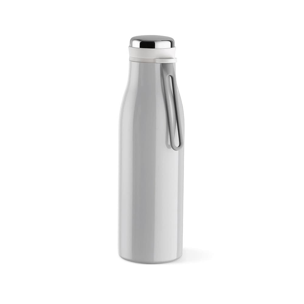 A drink bottle in silver with a double wall, leakproof design, and a handle, featuring a logo.
