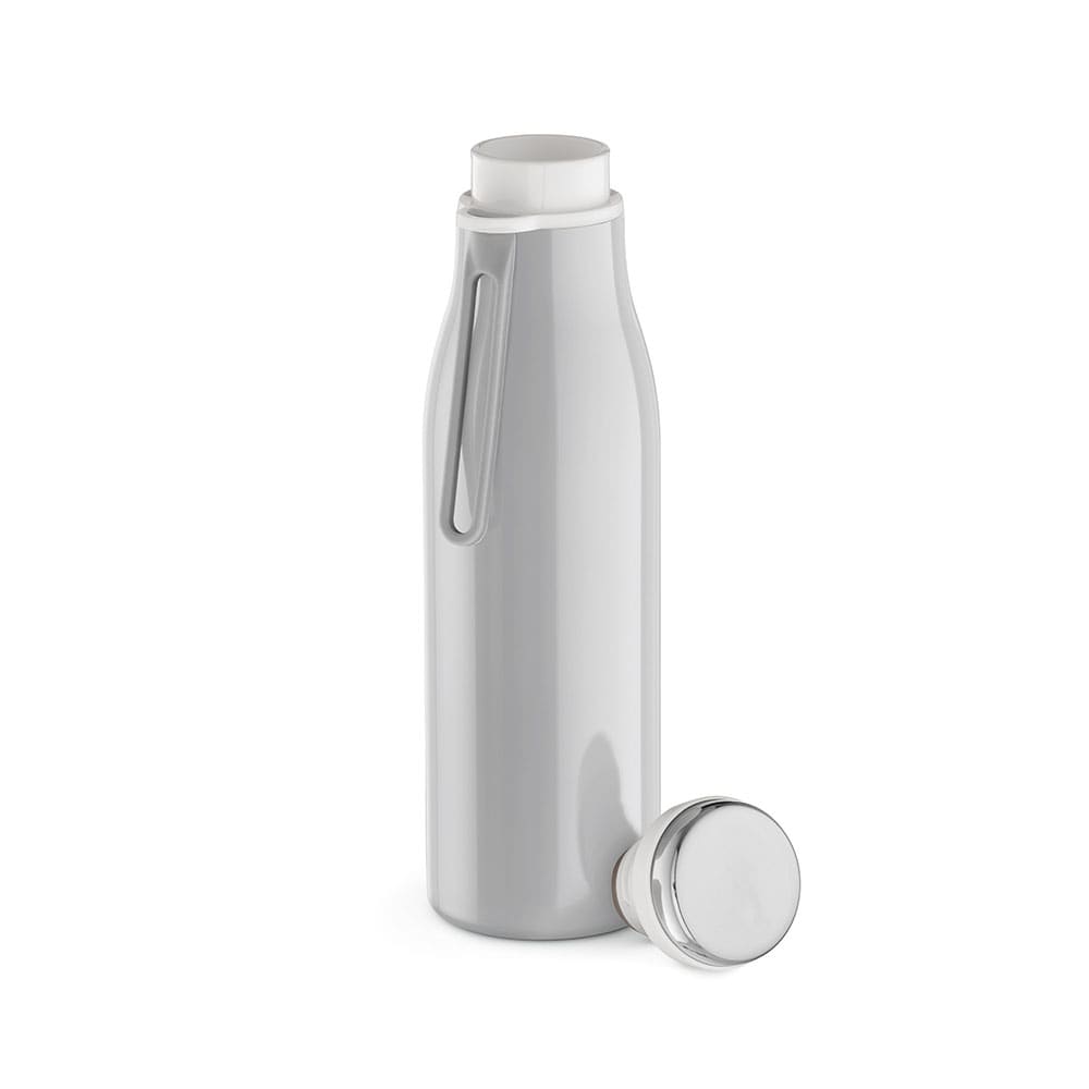 A drink bottle in grey with a double wall, leakproof design, and a handle. It includes a screw-on cap.