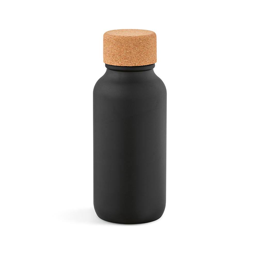 A drink bottle made of matte black material with a cork lid, featuring a single wall and leakproof design.