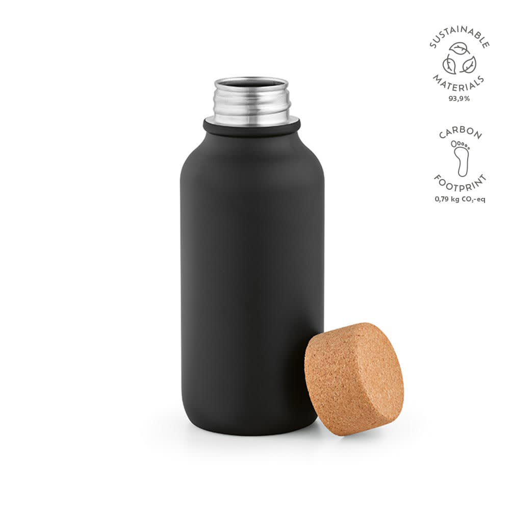 A drink bottle in matte black with a cork lid, 530ml, featuring a sleek design and a logo.