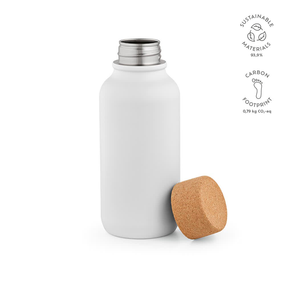 A drink bottle in white with a cork lid, featuring a single wall design and leakproof construction.