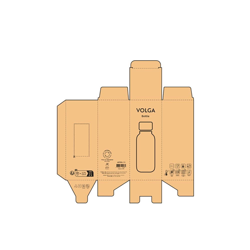 A drink bottle packaging design for the Volga Bottle, featuring an illustration of a 530ml single-wall leakproof bottle, primarily in brown.