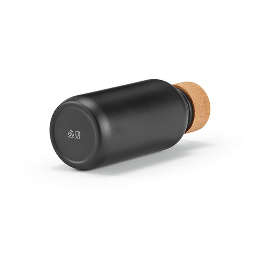 A drink bottle with a sleek black finish and a cork lid, featuring a single wall, 530ml capacity and leakproof design.