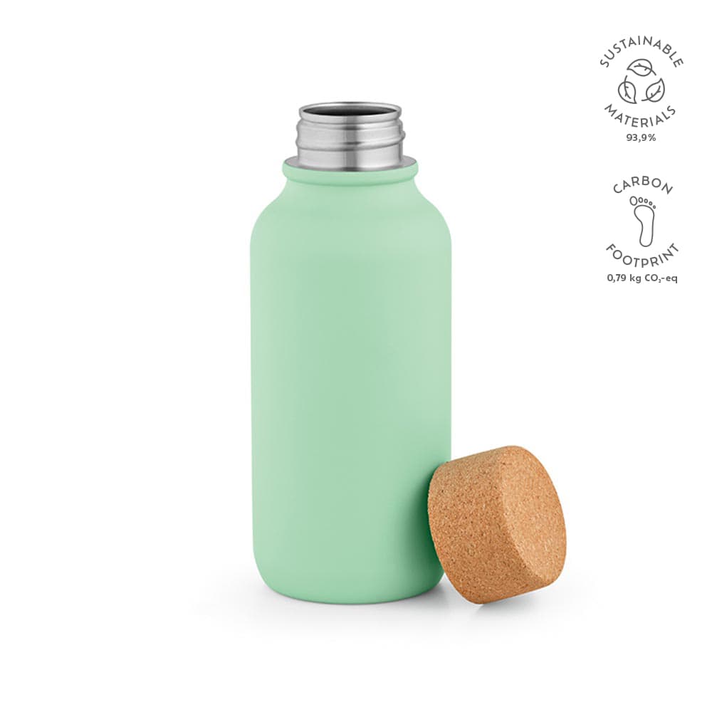 A drink bottle in mint green with a cork lid, featuring a sleek single wall design and a logo on the side.