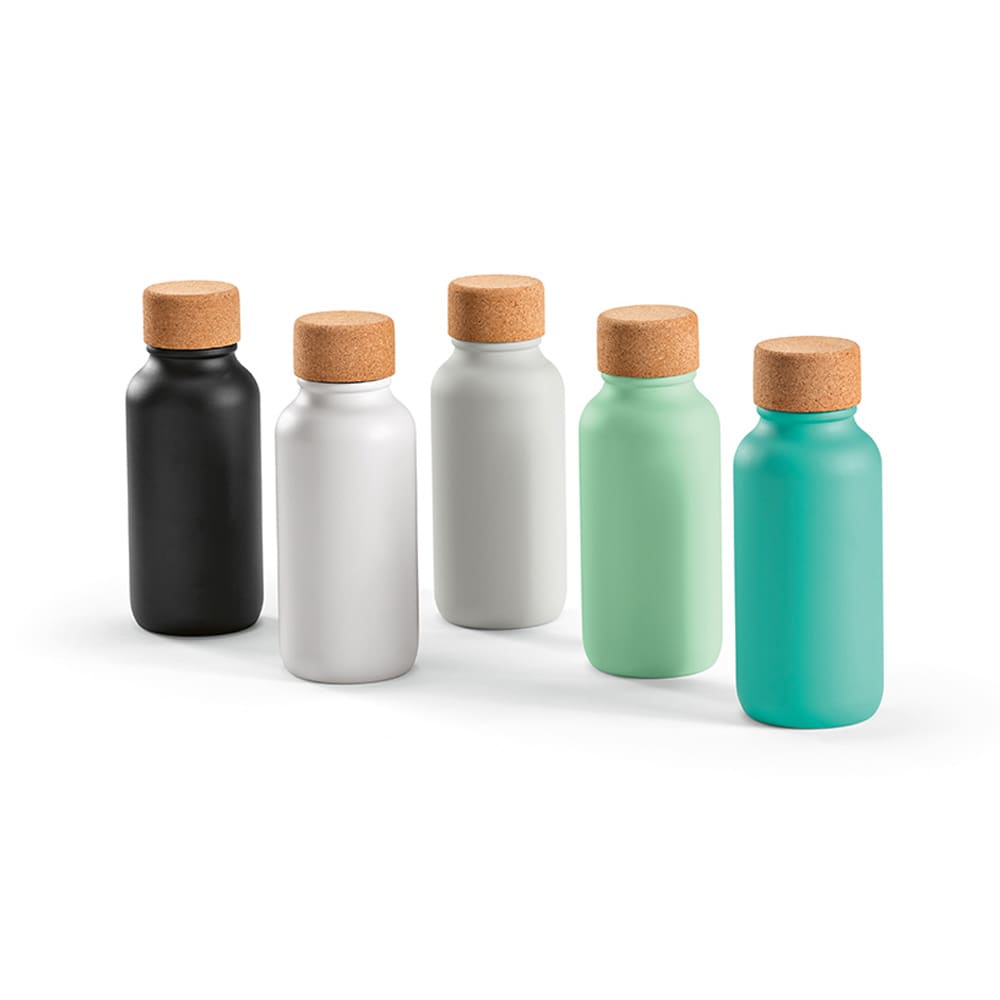 A drink bottle collection featuring black, white, mint green, and teal bottles with cork lids. Each bottle is 530ml and leakproof.