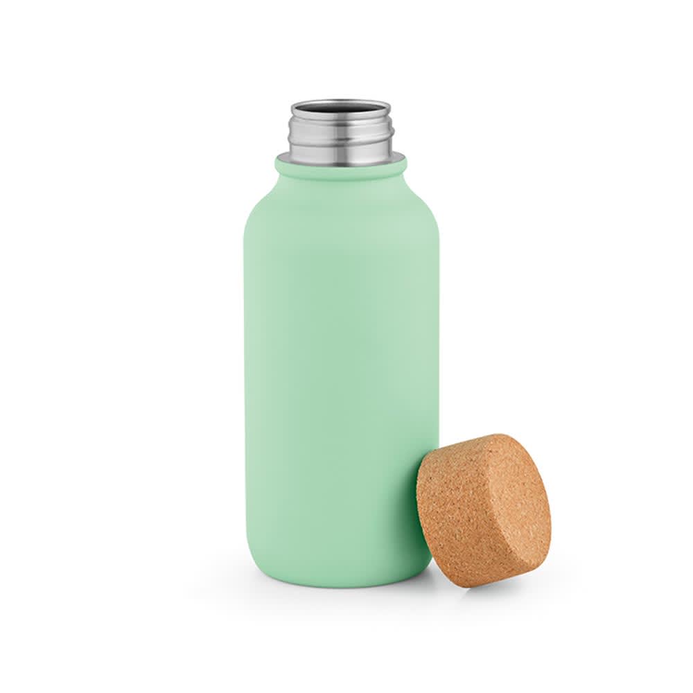 A drink bottle in pastel mint green with a cork lid, featuring a stainless steel opening and a branding logo.