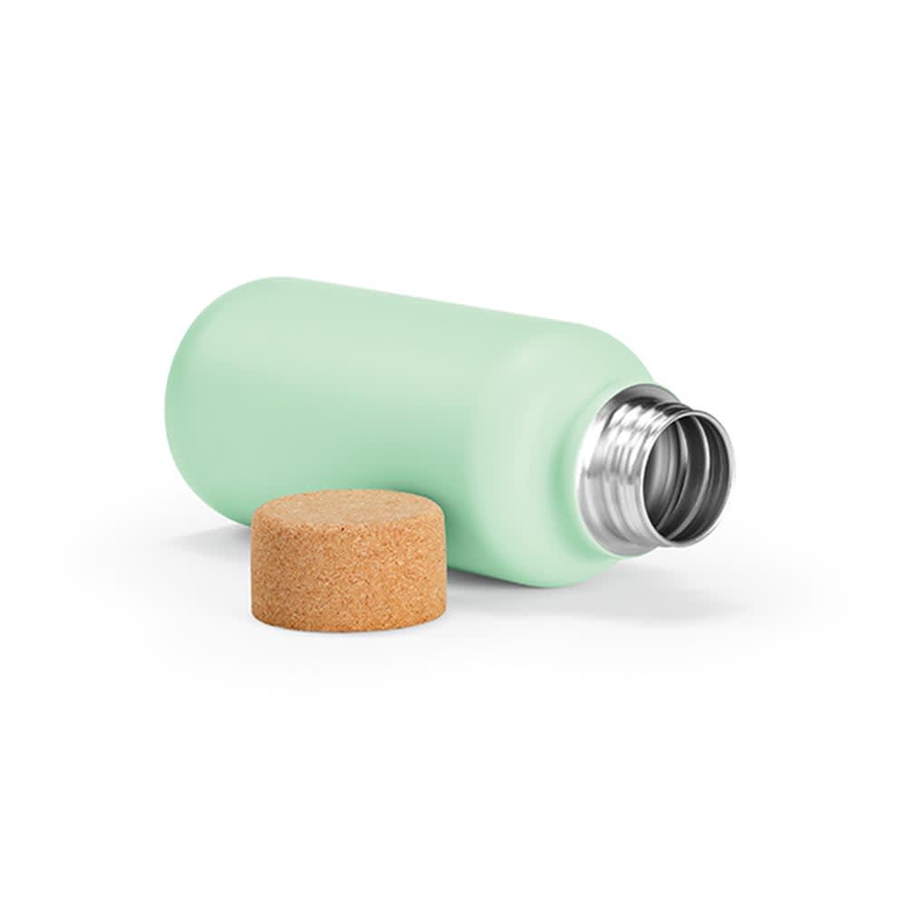 A drink bottle in mint green with a cork lid, featuring a single wall design and leakproof construction.