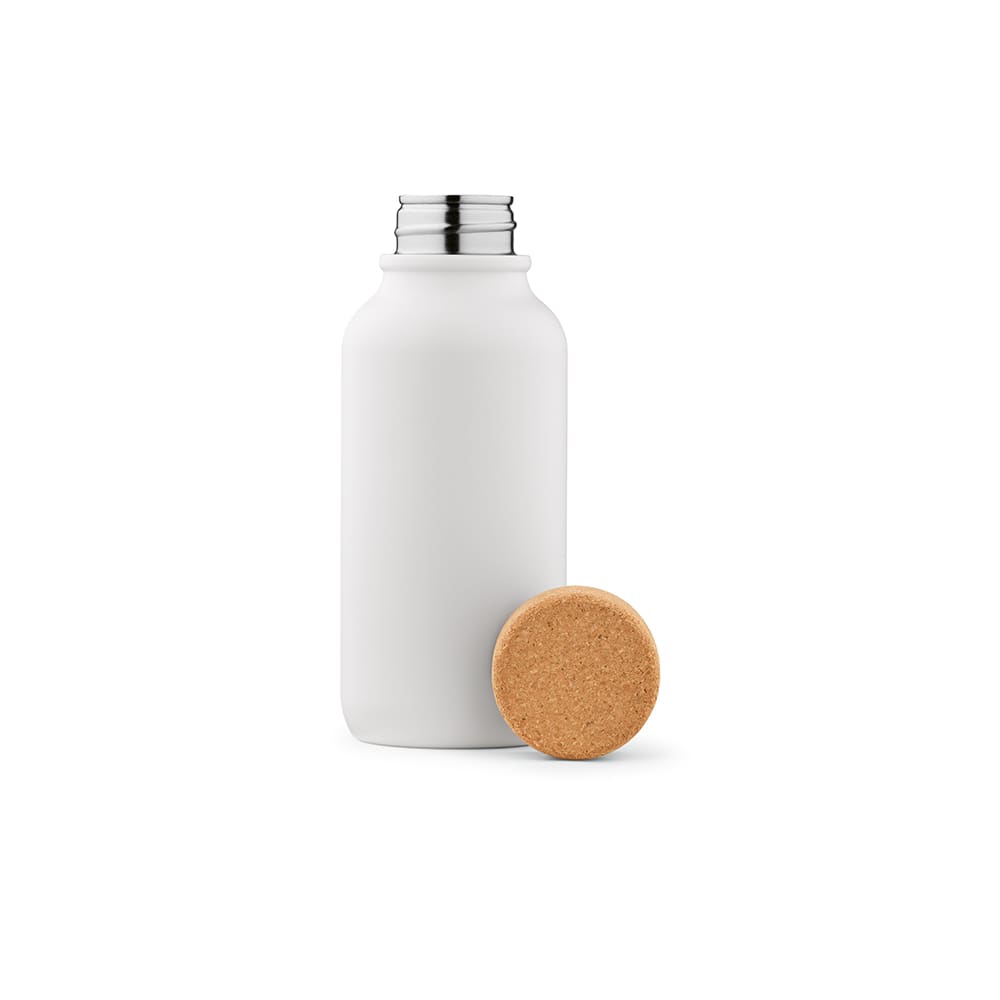 A drink bottle in matte white with a cork lid, featuring a stainless steel mouth. Includes a branding logo.