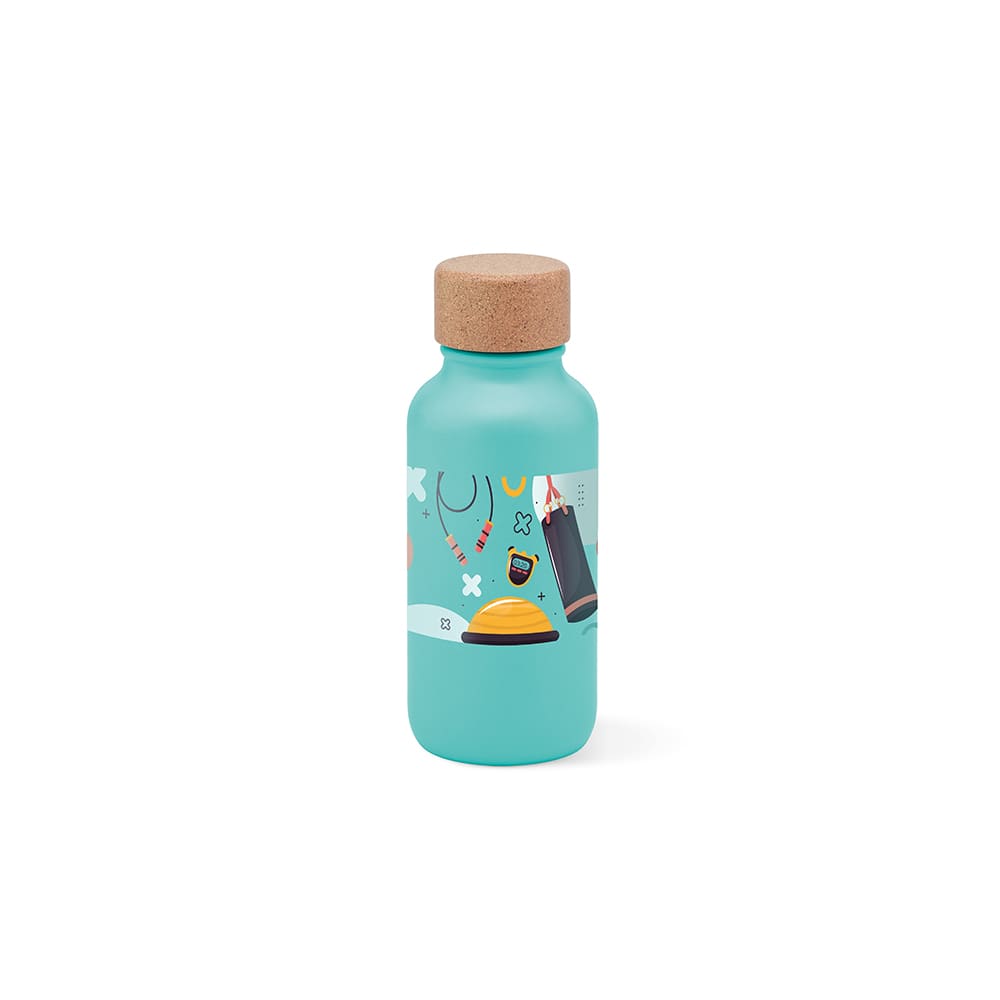 A drink bottle in teal with a cork lid, featuring a branded design and a single wall, leakproof structure.