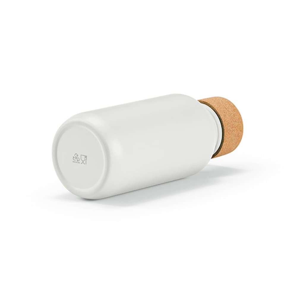 A drink bottle in white with a cork lid, featuring a single wall design and leakproof construction.