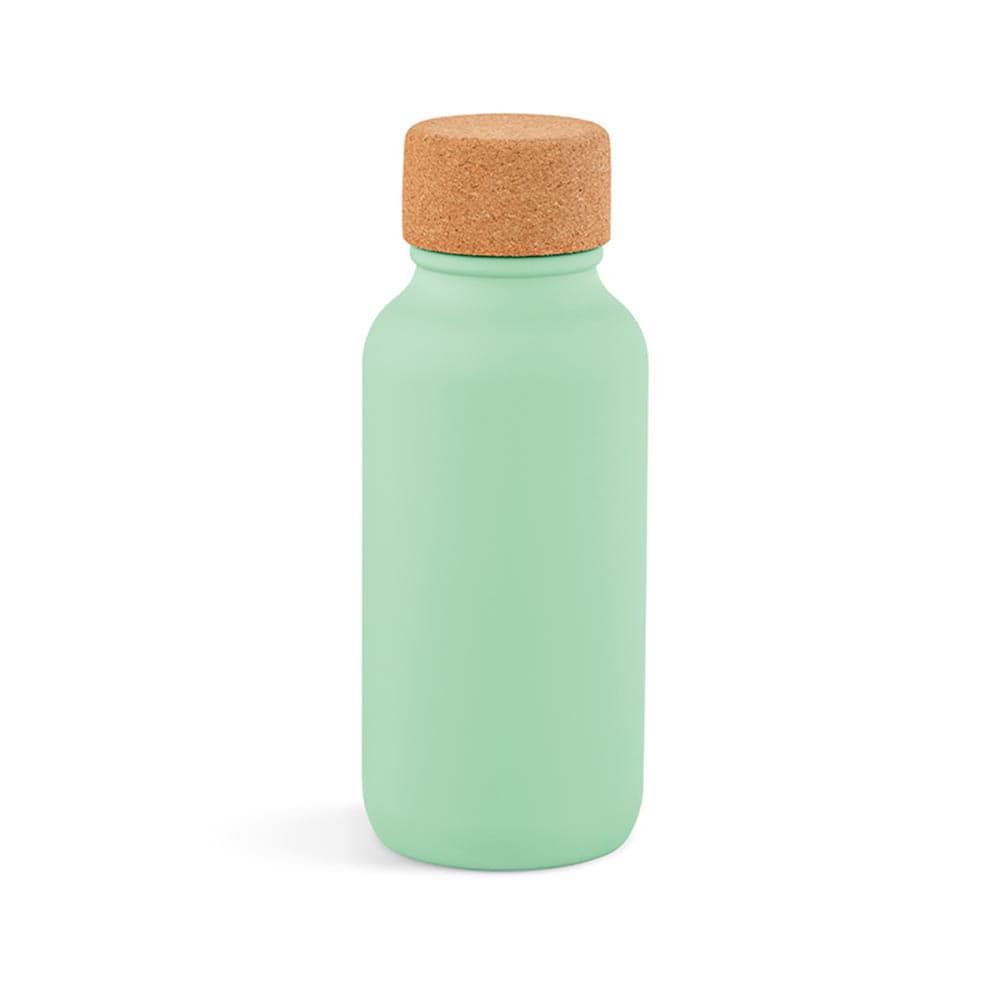 A drink bottle in mint green with a cork lid, featuring a single wall and leakproof design.