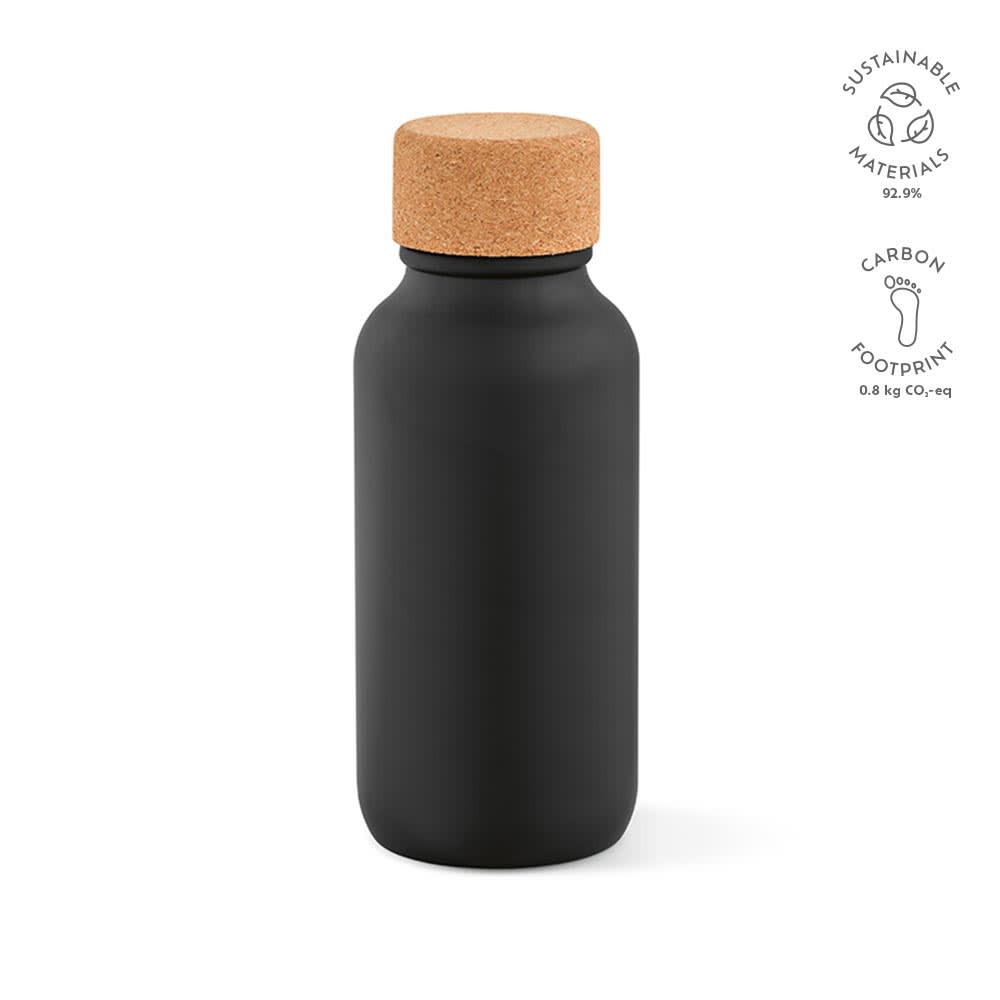 A drink bottle with a matte black finish, cork lid, and a sleek, minimalist design. Features a logo.