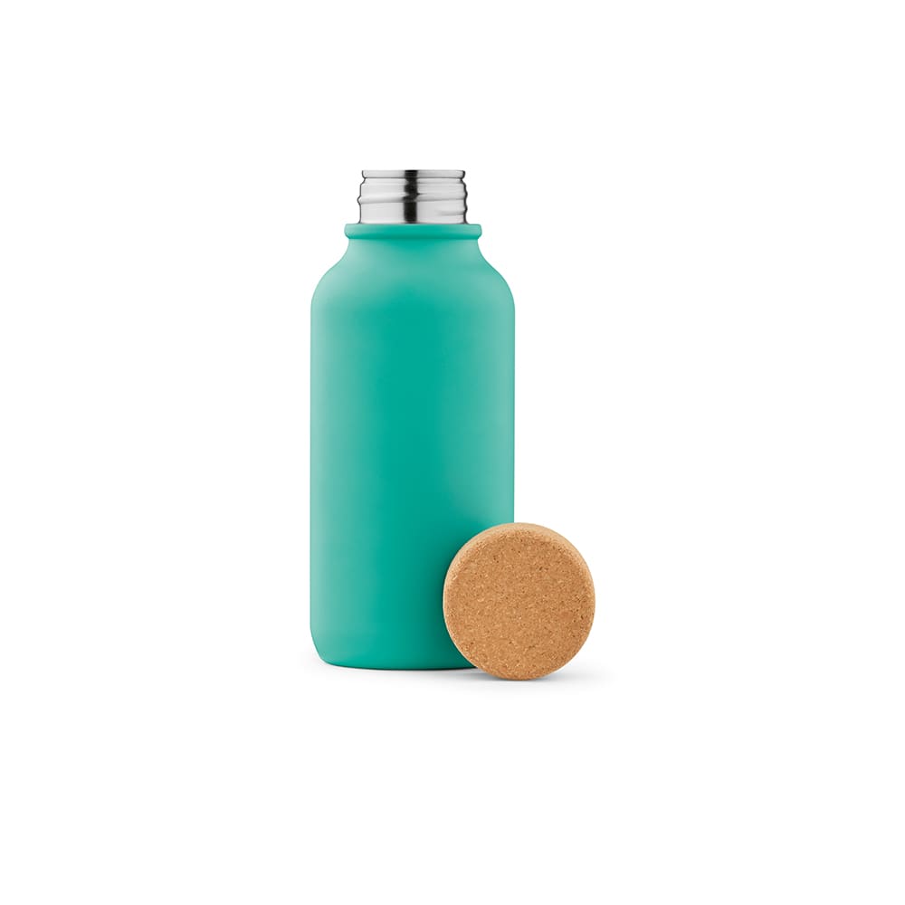 A drink bottle in teal with a stainless steel neck and a cork lid, featuring a single wall design.