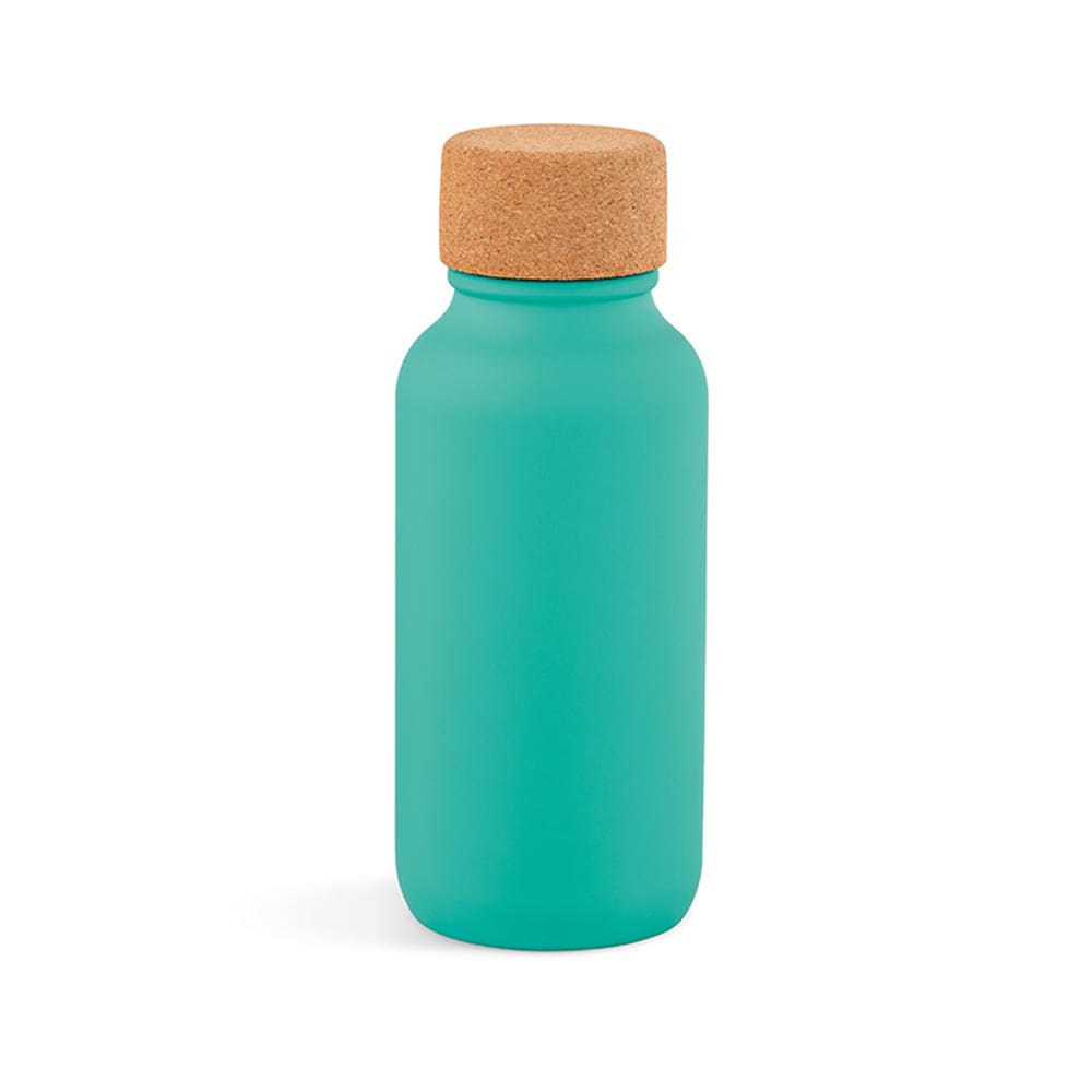 A drink bottle in vibrant turquoise with a cork lid, featuring a sleek single-wall design and leakproof capabilities.