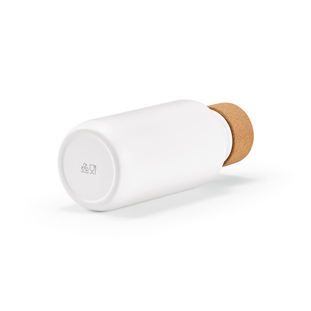 A drink bottle in white with a cork lid, featuring a single wall and leakproof design, holds 530ml.