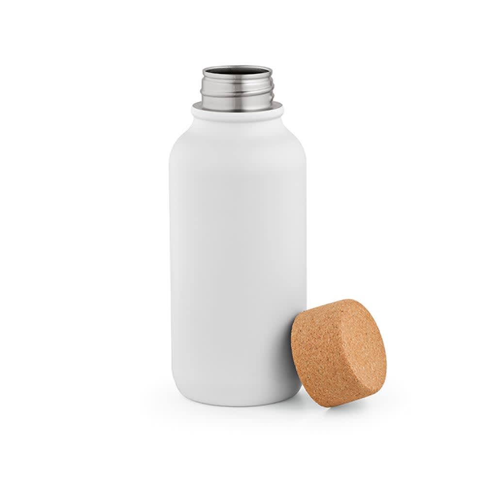A drink bottle with a white body and a cork lid, featuring a stainless steel opening.