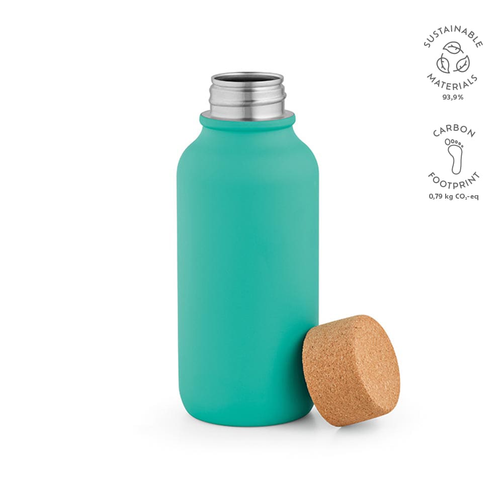 A drink bottle in teal with a cork lid. Features a sleek single wall design and a logo. Leakproof capacity of 530ml.