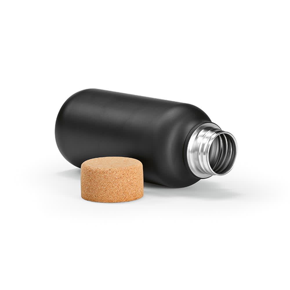 A drink bottle in matte black with a cork lid, featuring a single wall design and leakproof construction.