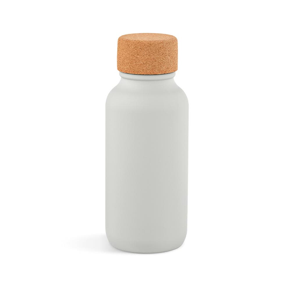A drink bottle in matte white with a cork lid, featuring a single wall and leakproof design. Includes a logo.