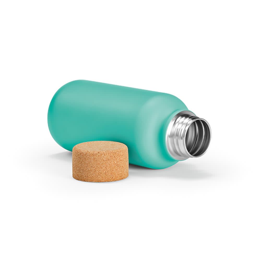 A drink bottle in teal with a cork lid, single wall and leakproof design. Includes a logo on the bottle.