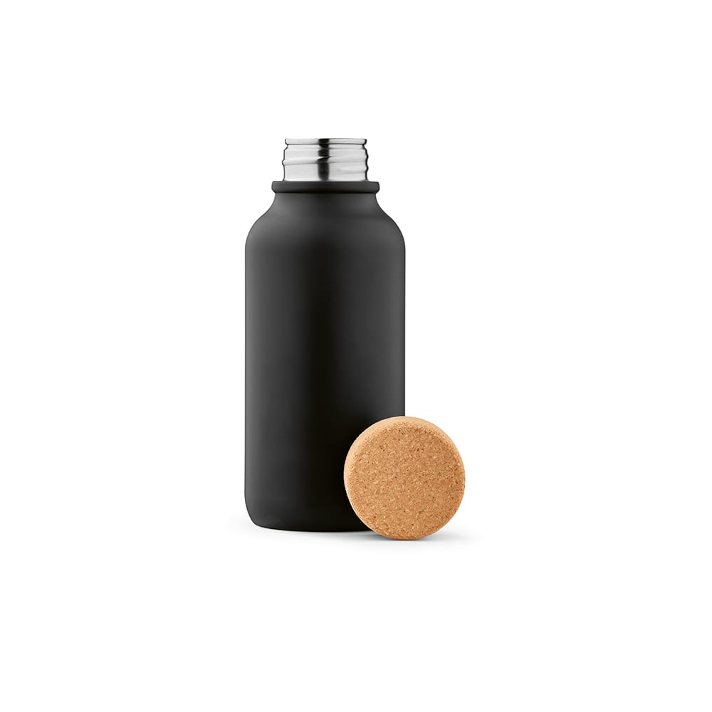 A drink bottle in matte black finish with a cork lid, featuring a single wall design and leakproof capability.