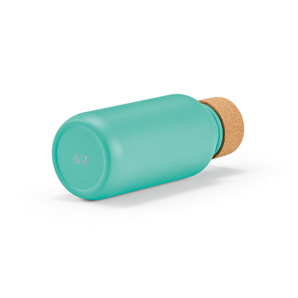 A drink bottle in teal with a cork lid, featuring a single wall and leakproof design. It has a logo on the side.